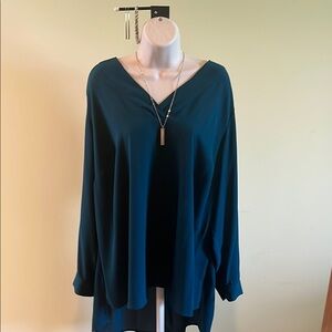 🧵🪡 Size 1X, EVRI Dark Teal, V-Neck Tunic Long Sleeve Blouse, longer cut.